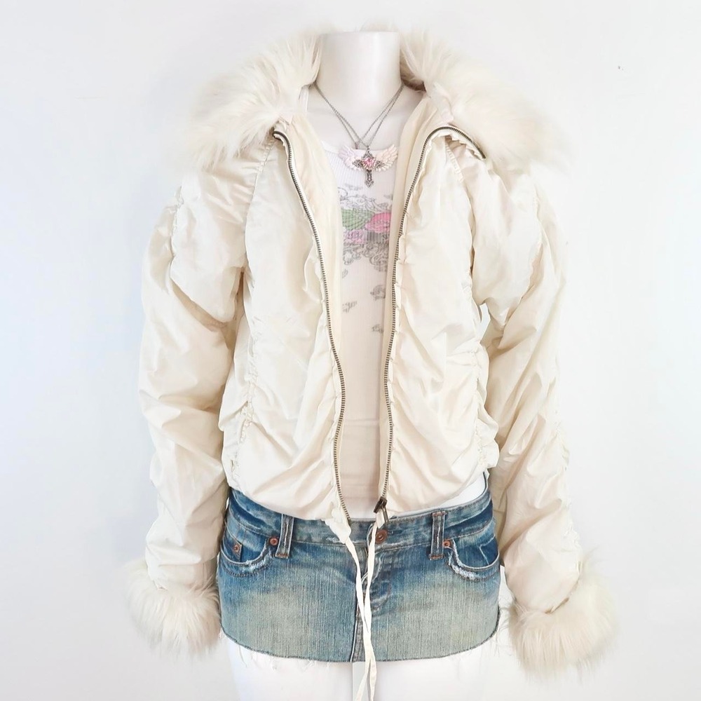 express cream puffer jacket faux fur trim hood y2k